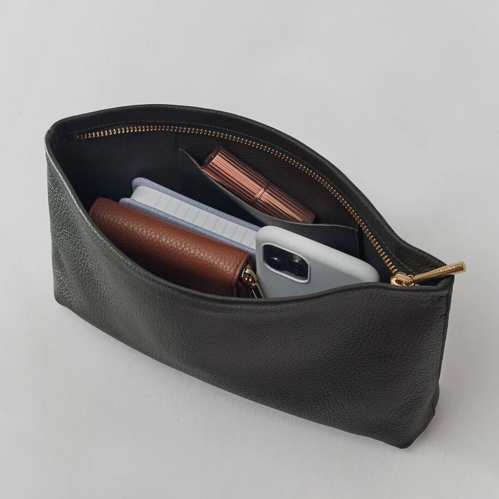 Cuyana Black Leather Zip Cosmetic Pouch with Gold Hardware